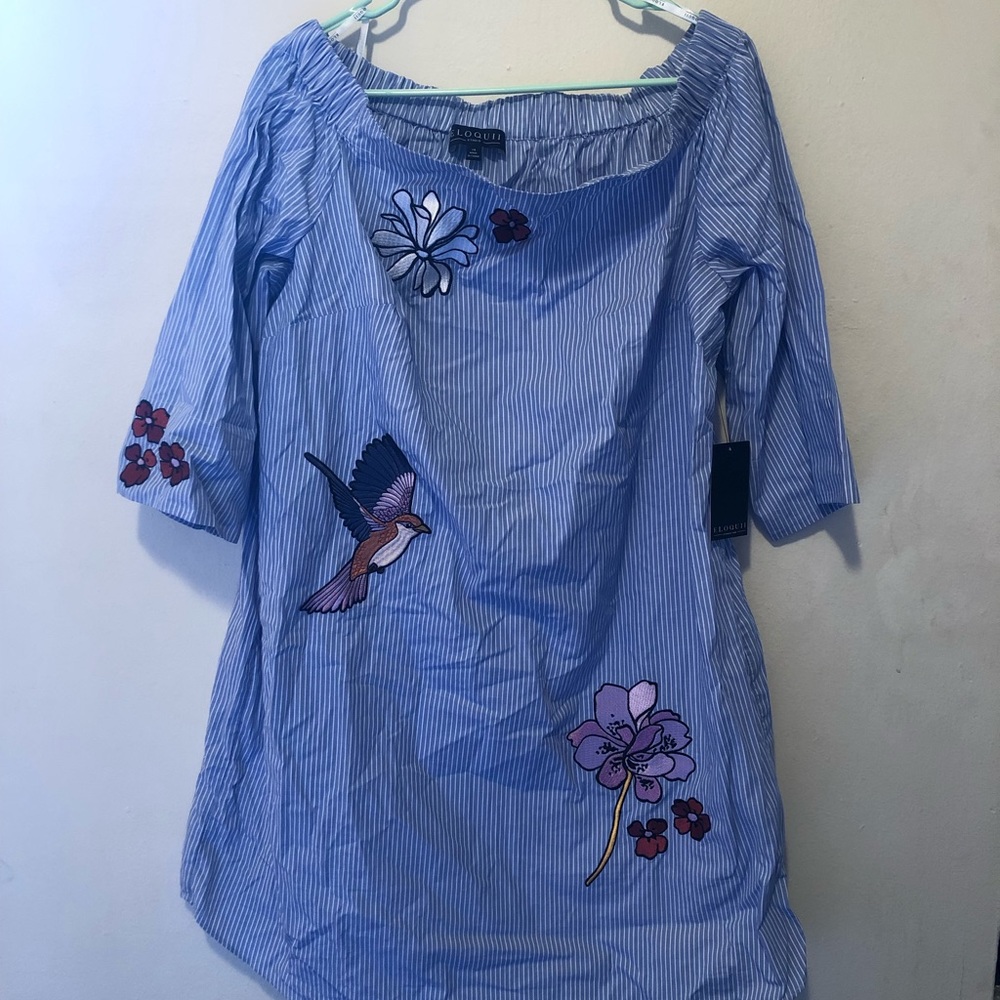 Eloquii offshoulder striped dress w/appliqués